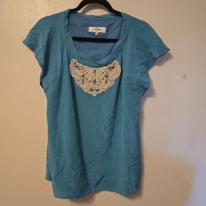 Tibi Silk Embellished Teal Blouse Short Sleeves 10